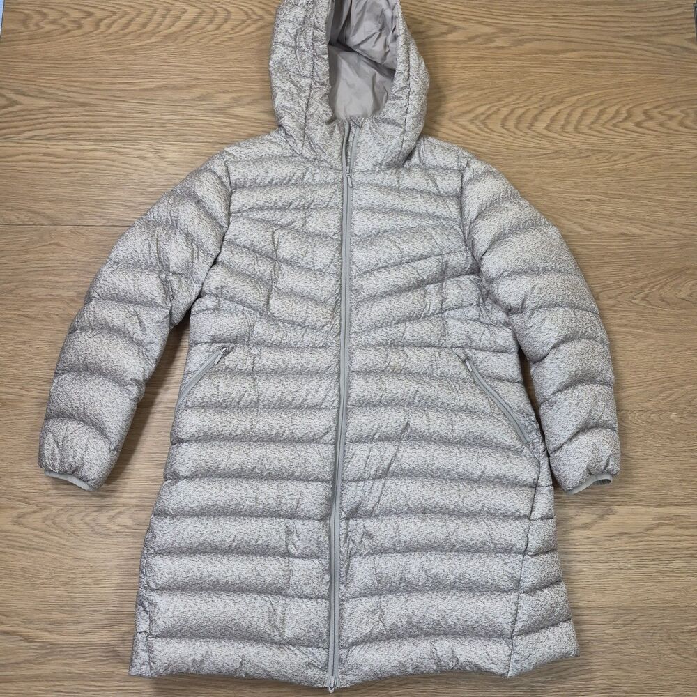 Lands End Long Puffer Jacket Womens Large Petite Gray Lightweight Hooded Coat